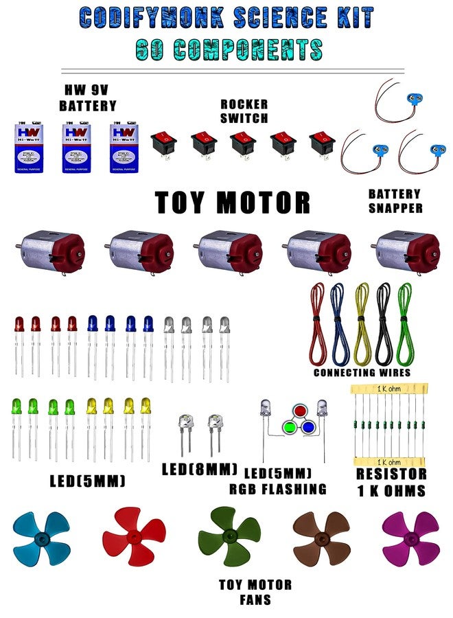 CodifyMonk School Science Project DC Motor Kit for Kids | Educational DIY Electronics Learning Kit | 60 Loose Components (Multicolour) - Image 5